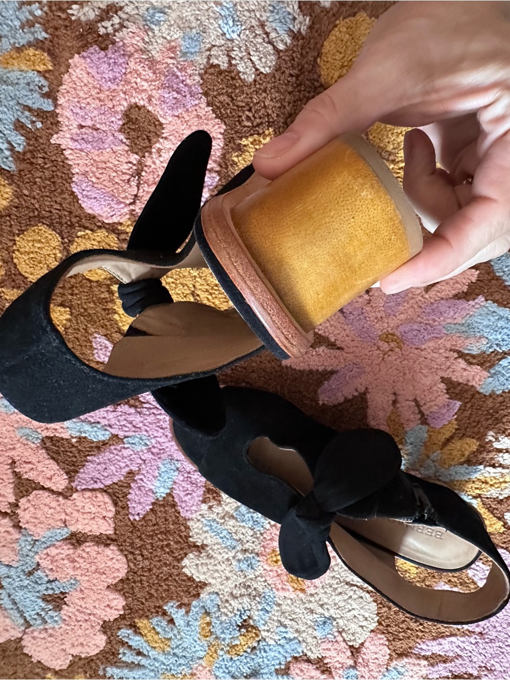 Bernardo Suede Bow Peep Toe Heels 8M Black Wooden Heel Sandals - Picture 5 of 10